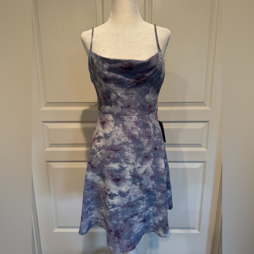 NWT. ASTR Asymmetrical Cowl Neck Mini Dress Blue and Purple Size Small